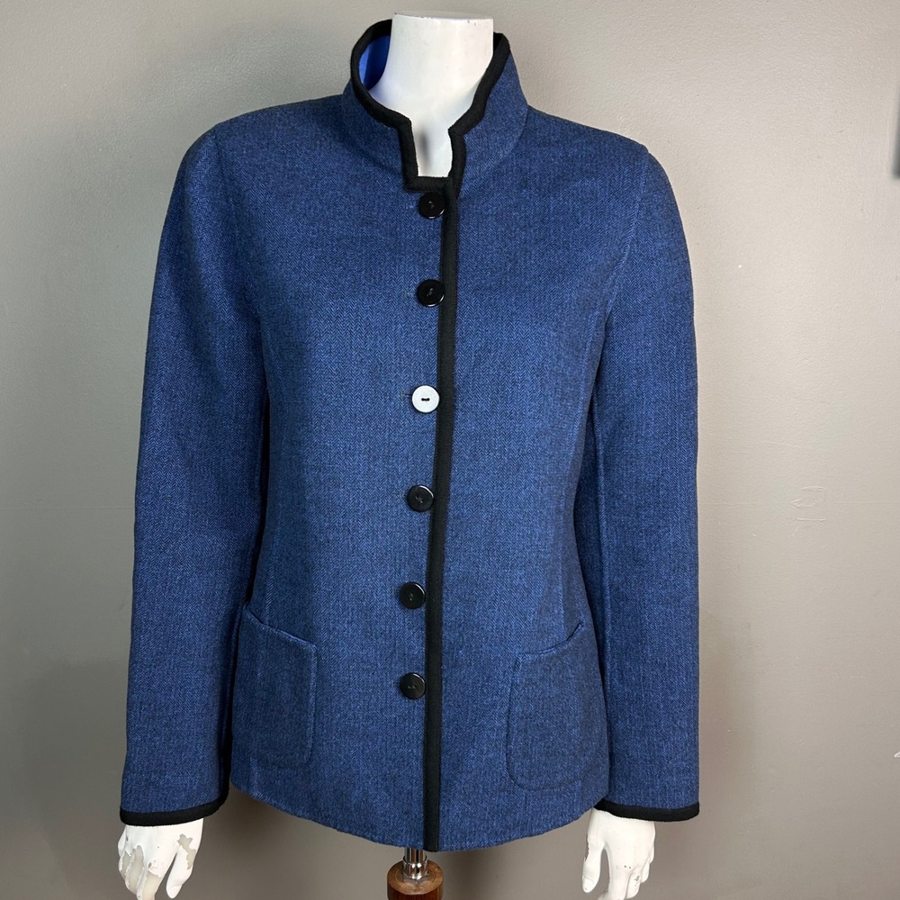 NINA MCLEMORE Wool Blazer Size 8 Blue Herringbone Jacket Suiting office Mandarin